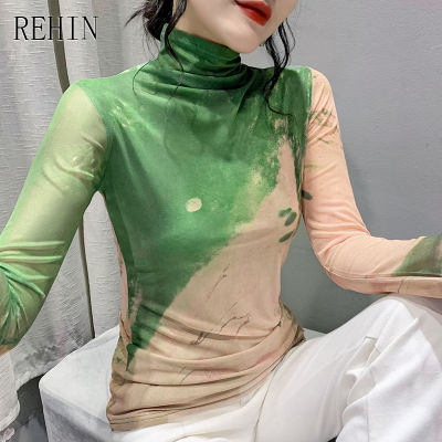 REHIN ผู้หญิง Top Halo ตาข่ายแขนยาวเสื้อยืดฤดูใบไม้ร่วงคอสูง Slim Bottoming เสื้อ