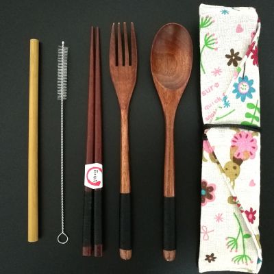 Portable Tableware Set Wooden Cutlery Sets with Useful Spoon Fork Chopsticks Travel Gift Dinnerware Suit with Cloth bag