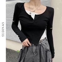 Yedinas Casual Fake Two-piece T-shirt Striped Long Sleeve Tops Slim Sweater Tops Women Autumn Spring y Female Tee Tops 2021