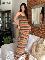 XITAO Dress Fashion Knitting Sleeveless Rainbow Stripe Suspended Dress