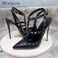 Heelgoo รองเท้าส้นสูงสีดำด้านสำหรับผู้หญิง8ซม. 10ซม. 12ซม. ปลายแหลมหมุดกระดุมส้นปั๊มขนาดใหญ่33-46