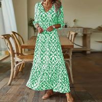 【hot】✑●▣  V-Neck Printed Dresses Wrist Sleeve Vestido Female Boho Loose Beach