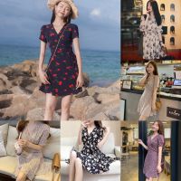 ❤Free Shipping and COD❤Korean top Dress Women V-neck Floral Lace-up High Waist casual dress Fashion Bohemian Dress Short Sleeve Vestidos Mini Skirt casual Bohemia dress for women plus size dress women Skirt Oversize