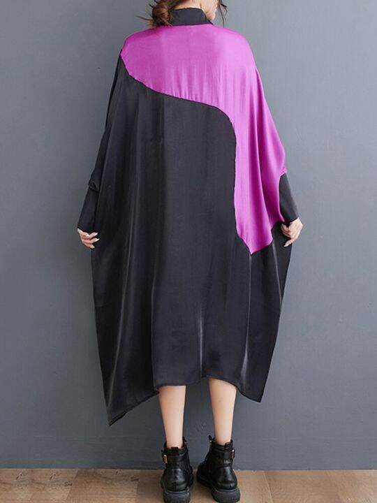 xitao-dress-loose-irregular-contrast-color-patchwork-shirt-dress