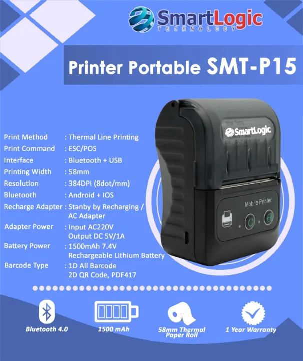 Smartlogic P15 Mobile Printer Bluetooth - Printer Thermal ukuran 58mm ...