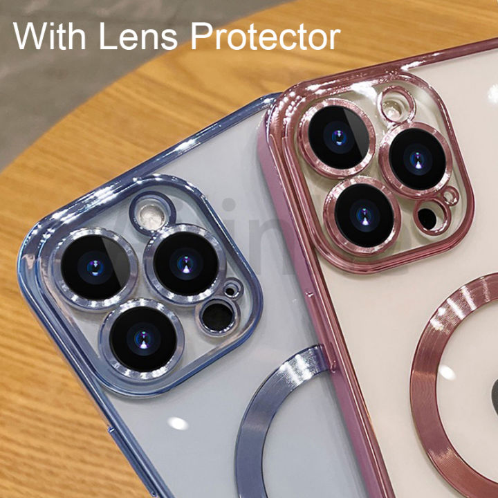 เคสป้องกันเลนส์ชุบแฟชั่นสำหรับ-iphone-11-12-13-14-15-pro-max-14-plus-กล้องซิลิโคนเคสป้องกันระบบชาร์จแม่เหล็กไร้สาย