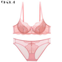 Ultrathin Pink Bra Set Sexy Lingerie Hollow Lace Brassiere Embroidery Women Underwear Set Plus Size C D E Cup Bras Transparent