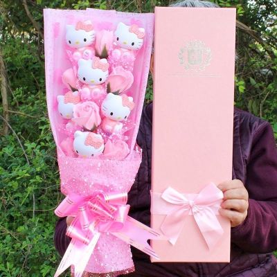 Kawaii Sanrio 6ตุ๊กตาและ6สบู่รูปทรงดอกไม้กล่องของขวัญการ์ตูนเพื่อนช่อดอกไม้เทศกาลวันวาเลนไทน์แปลกใจของขวัญสาว