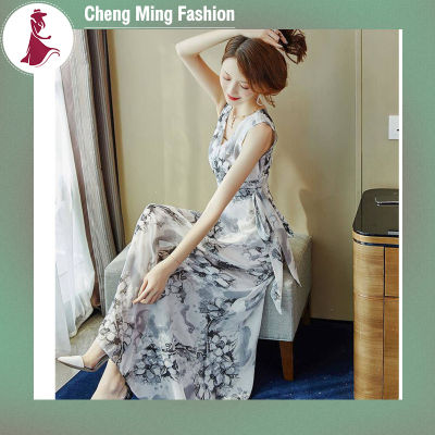 Cheng Ming ชุดเดรสชีฟองสำหรับผู้หญิง,ชุดเดรสแขนสั้นสำหรับฤดูร้อนแขนเชงโบฮีเมียน FloraCheng พิมพ์ลาย LonCheng Skirming EleganCheng V