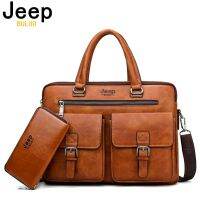 JEEP BULUO Brand Mansbusiness Briefcase Bag 2Pcs/Set Split Leather High Quality Men Office Bags For 13. 3 Inch Laptop A4 Causel