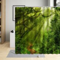 Spring Forests Green Natural Landscape Shower Curtain Trees Creek Jungle Mountain Waters Bathroom Bathtub Decoration Cloth Sets