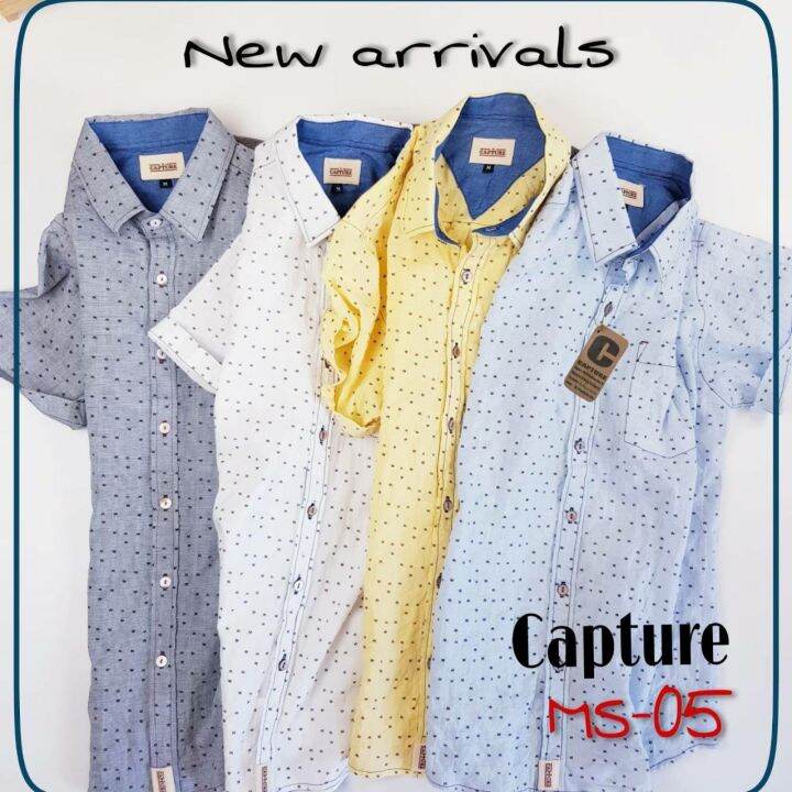 capture-shirt-เสื้อเชิ้ตผู้ชาย-แขนสั้น-คอปก-ผ้า-crinkle-ลายตัวอักษร-m-สีเทา-มีถึงอก-48-นิ้ว