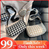 2ชิ้นวินเทจ Houndstooth พิมพ์ไหล่ C Rossbody กระเป๋าที่มีรอบกระเป๋าจี้ผู้หญิงสบายๆสีทึบซิปถุงคอมโพสิต