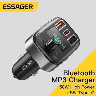 【ยืดหยุ่น】 Essager 50W ที่ชาร์จแบตในรถ USB Bluetooth 5.0เครื่องส่งสัญญาณ FM ไร้สายแฮนด์ฟรีชุดอุปกรณ์ติดรถยนต์เครื่องรับสัญญาณเสียง Dual USB Fast Charge Charger
