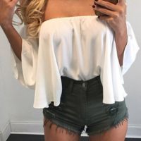 Stylish Women Off Shoulder Blouse Shirt Short Sleeve Casual Tops Strapless Pure Color Bell Puff Sleeve Tops Cotton