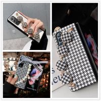 เคสแข็งหนัง PU พิมพ์ลายลายตารางสำหรับ Samsung Galaxy Z Fold 3 4 Zfold 5 Houndstooth