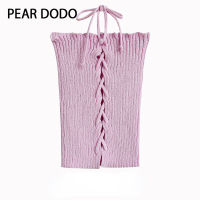 PEAR DODO เสื้อกล้ามถักสั้นสำหรับผู้หญิงสไตล์เกาหลีพร้อมสายรัด