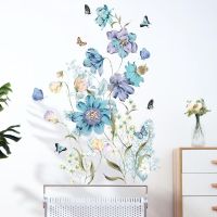 ❂✿۩ Painted Blue Flower Butterfly Wall Sticker Living Room Bedroom Background Home Decoration Self-adhesive Wallpaper Plant Stickers