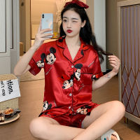 2021 Mouse Faux Silk Pajamas Set Women Summer Shirt and Shorts Satin Red Short Sleeve Casual Female Pijama Home Wear