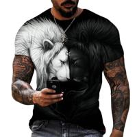 Lion Fighting Animal Beast Fierce Lion Wolf 3D T Shirt New Summer Mens Oversized Short Sleeve Black and White Design Polyester