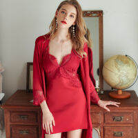 Lisacmvpnel Lace Hollow Out Women Robe Set Beauty Back Chest Pad y Nightdress Cardigan Twinset Pyjamas