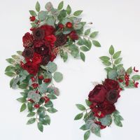 2pcs Artificial Flowers Wine Red Wedding Backdrop Wreath Decor Welcome Card Sign Corner Wall Props Arrange Arch Fake Flower Row Artificial Flowers  Pl