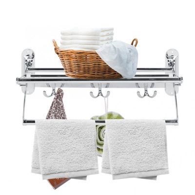 ✲✑✠ Stainless Steel Wall Mounted Folding Towel Rack Bathroom Storage Holder Towel Shelf with 3 Hooks Bathroom Hardware Accessories