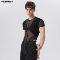 【CW】♟❂  Men Bodysuits Mesh Patchwork Transparent Backless O-neck Short Sleeve Rompers 2023 T Shirt Bodysuit