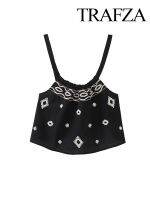 TRAFZA Summer Short Tops Women Trendy Black Print Embroidery Decorate Back Bow Lace-Up Female High Street Style Suspenders Tops