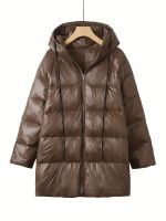 xixibeauty Plus Size Casual Coat, Womens Plus Solid Drawstring Hooded Long Sleeve Zip Up Puffer Coat