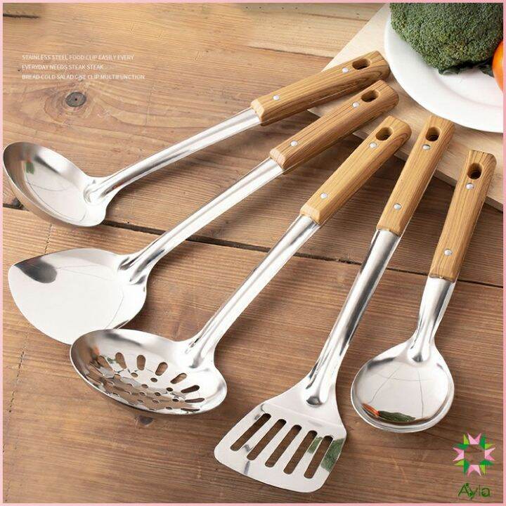 ayla-ตะหลิวด้ามไม้-อุปกรณ์ทำอาหาร-จับถนัดมือ-stainless-steel-kitchenware