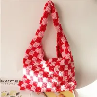 New handmade crochet knitting checkerboard bag Japanese niche hit color woven handbag shoulder armpit woolen bag 〖WYUE〗