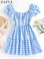 ZAFUL Gingham Puff Sleeve Tiered Dress Women Clothing Y2k Clothes Womens Dresses for Women 2023 Traf Womens Summer Dress Short