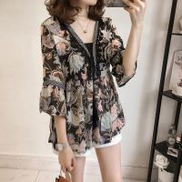 Korean chiffon lace floral loose lotus leaf sleeve tassel blouse sunscreen