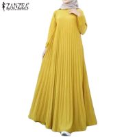 ZANZEA Women Casual Loose Plain Crew Neck Pleated Muslim Hem Maxi Dress