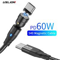 [ร้อน] สายสำหรับ iPhone ชาร์จเร็วแบบแม่เหล็ก USLION 2M ชนิด C ถึง Type C เป็น Type C ไมโคร60W PD USB C สำหรับแล็ปท็อปแมคบุ๊คสายชาร์จ