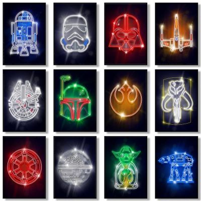 ☬ Disney Star Wars Neon Art ภาพวาดผ้าใบ Darth Vader ภาพยนตร์โปสเตอร์ภาพผนังศิลปะสำหรับห้องนั่งเล่น Cuadros ตกแต่งบ้าน