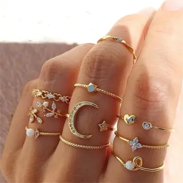 5 Pcs/Set Simple Fashion Wave Pattern Ring Set for Women Trend Personality  Pearl Zirocn Metal Multilayer Ring Jewelry Girl Gift
