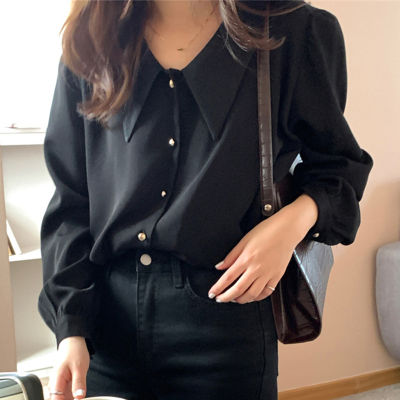 [Spot] Spring and Autumn French style temperament pointed collar chic single-breasted loose all-match solid color long sleeve shirt top 2023
