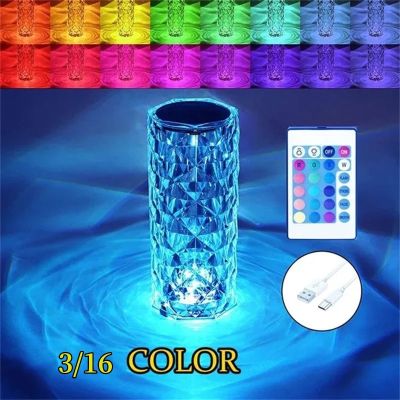 LED Crystal Table Lamp Rose Romantic Diamond Atmosphere Light  3/16 Colors Projector Touch  USB LED Night Light for Bedroom Night Lights