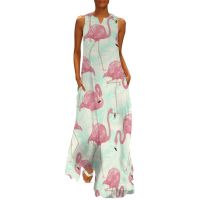 COD DSTGRTYTRUYUY Cute Flamingo Dress Tropical Animal Print Beach Maxi Dress Street Wear Bohemia Long Dresses Women Graphic Oversized Vestidos