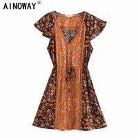 ฮิปปี้ชิควินเทจ Wanita Motif Bunga Kerah V Rendah Bohemian Gaun Mini Wanita Lenita Lenek Kancing Sebaris Gaun Boho Vestidos