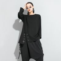 Irregular Split Black Vintage Oversized T-Shirt Women Top Loose Casual Long Sleeve T Shirt Fashion Clothing Spring Autumn