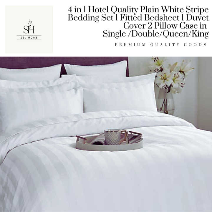 SevHome 4 in 1 Plain White Stripes Bedsheet Sets Cotton 400TC Hotel