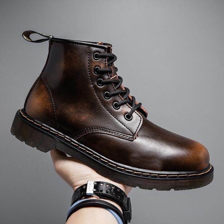 จุดdr-martens-แฟชั่นรองเท้าลำลองหลุมมาร์ตินคู่ขัดย้อนยุคสูงด้านบนรองเท้าขับรถกลางแจ้งหนังผู้ชายกันน้ำลูกไม้ขึ้นสไตล์คลาสสิก