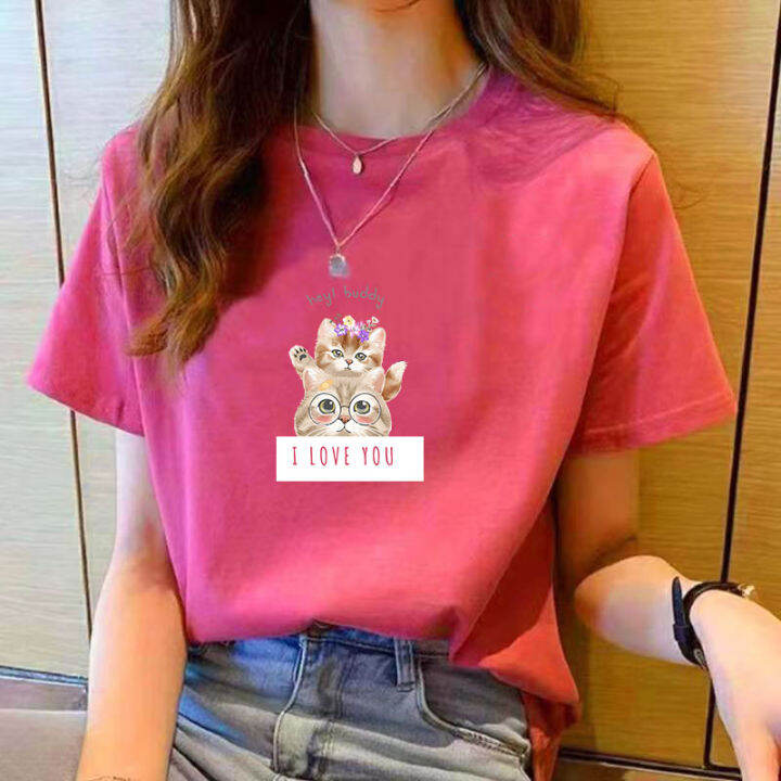 เสื้อยืดสำหรับผู้หญิงคอกลมใหม่ฤดูร้อนเสื้อยืดผู้หญิงแขนสั้นพิมพ์ลายลำลองหลวมและเรียบง่ายสีม่วง