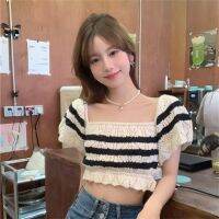 เสื้อคอเหลี่ยมฤดูร้อนถักสำหรับเด็กผู้หญิงแขนสั้นลายพิมพ์ Cropped Tops