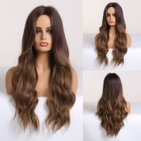 Long Wavy Brown Ombre Synthetic Wigs for Women Middle Part Wave Wigs Natural Hair Heat Resistant Daily Wig