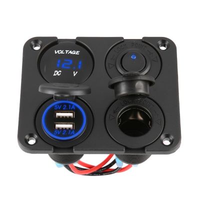 4 in 1 Dual USB Ports Car Charger + LED Voltmeter + 12-24V Power Socket + On-Off Switch Car Marine Boat LED Switch Panel