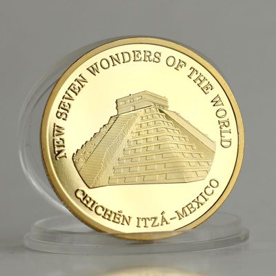 ขายดี2007 Chichen-Itza เม็กซิโกใหม่เจ็ดสิ่งมหัศจรรย์ของโลกที่เหรียญชุบทองด้วยฝาปิดอะคริลิคแข็ง